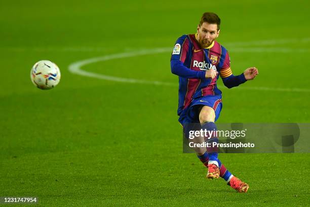 Lionel Messi of FC Barcelona during the La Liga match between FC Barcelona and SD Huesca played at Camp Nou Stadium on March 15, 2020 in Barcelona,...