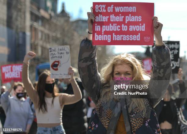 Irish women during a solidarity protest with women in the UK against gender-based violence seen on O'Connell Street in Dublin. The tragic killing of...