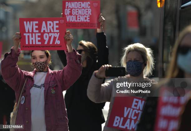 Irish women during a solidarity protest with women in the UK against gender-based violence seen on O'Connell Street in Dublin. The tragic killing of...