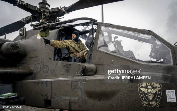 Helicopters of the US Army arrive in the Waalhaven in Rotterdam, on March 16, 2021. - The aircraft arrived from Germany via Eindhoven to Rotterdam...