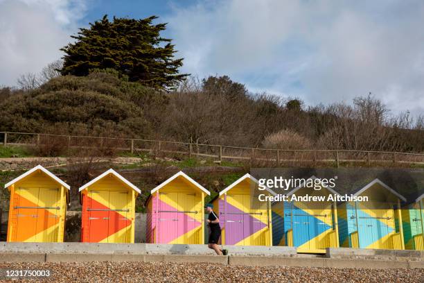 Colourful new beach huts called No.1054 Arpeggio by artist Rana Begum are part of the Folkestone Triennial 2021 along the seafront on 14th of March...
