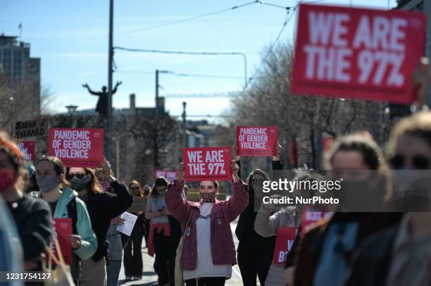 Activists during a solidarity protest with women in the UK against gender-based violence seen on O'Connell Street in Dublin. The tragic killing of...
