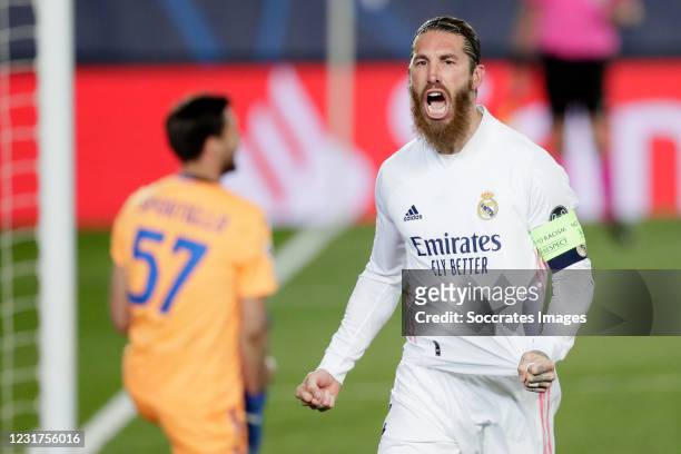 Sergio Ramos of Real Madrid Celebrates 2-0 during the UEFA Champions League match between Real Madrid v Atalanta Bergamo at the Estadio Alfredo Di...