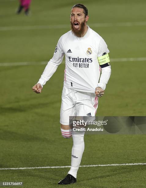 Sergio Ramos of Real Madrid celebrates after scoring a goal during the UEFA Champions League Round of 16 match between Real Madrid and Atalanta at...