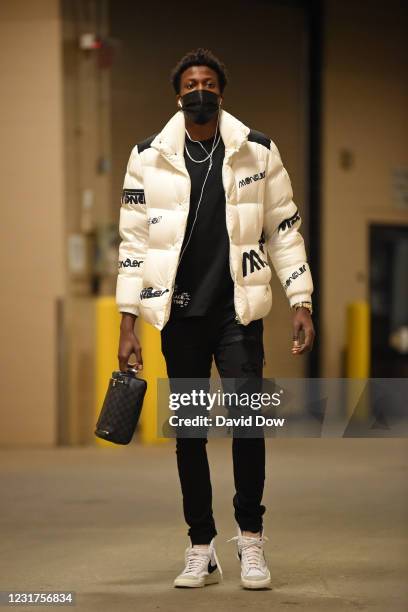 Frank Ntilikina of the New York Knicks arrives prior to a game against the Philadelphia 76ers on March 16, 2021 at Wells Fargo Center in...