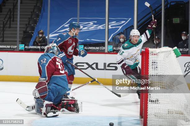 Danton Heinen of the Anaheim Ducks celebrates after scoring a goal against goaltender Hunter Miska of the Colorado Avalanche at Ball Arena on March...