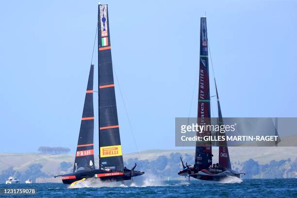Emirates Team New Zealand competes against Luna Rossa Prada Pirelli during race ten on day seven of the 36th America's Cup in Auckland on March 17,...