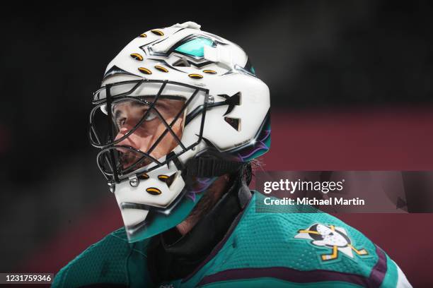 Goaltender Ryan Miller of the Anaheim Ducks looks on against the Colorado Avalanche at Ball Arena on March 16, 2021 in Denver, Colorado.