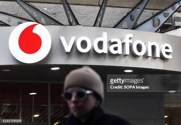 Vodafone logo on a British multinational telecommunications company seen over the entrance to a Vodafone office in Kiev.