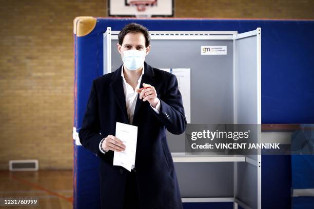 Party leader Wopke Hoekstra casts his vote in the 2021 Dutch general elections in Bussum on March 17, 2021. - Polling stations opened on the last of...