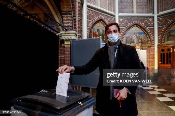 Party leader Thierry Baudet casts his vote in the parliamentary elections in the Posthoornkerk, in Amsterdam on March 17, 2021. - Polling stations...