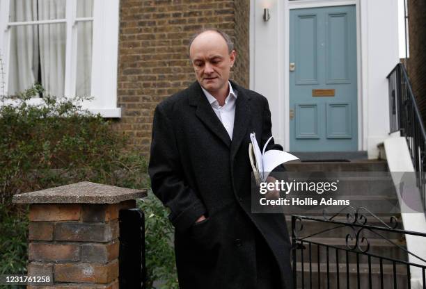 Dominic Cummings leaves his home on March 17, 2021 in London, England. Former Chief Advisor to the Prime Minister, Dominic Cummings, appears at the...