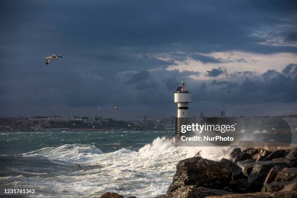 View from Kadikoy Sea Coast during a southwest in Istanbul, in Istanbul, Turkey, on March 16, 2021.