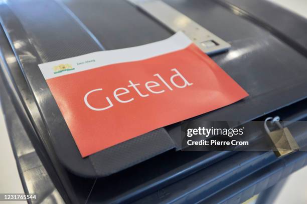 Ballot box containing ballots sent by post is sealed during the parliamentary elections on March 17, 2021 in The Hague, Netherlands. The Netherlands...