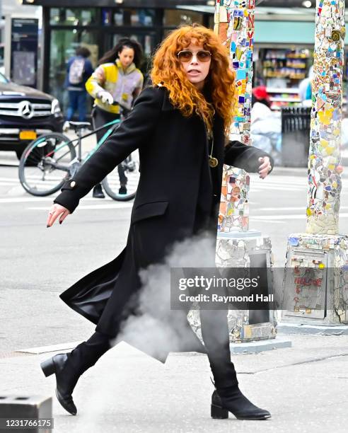 Natasha Lyonne is seen on set for "Russian Doll" in Astor Place on March 16, 2021 in New York City.