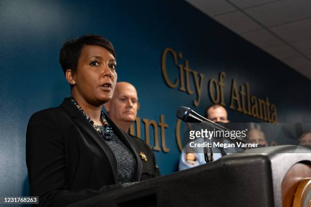 Mayor Keisha Lance Bottoms speaks at a press conference on March 17, 2021 in Atlanta, Georgia. Suspect Robert Aaron Long was arrested after a series...