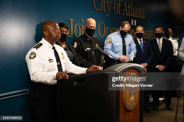 Chief Rodney Bryant, of the Atlanta Police Department, speaks at a press conference on March 17, 2021 in Atlanta, Georgia. Suspect Robert Aaron Long...