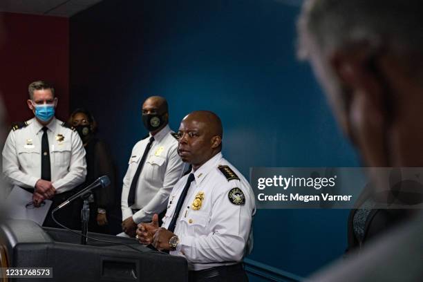 Chief Rodney Bryant, of the Atlanta Police Department, speaks at a press conference on March 17, 2021 in Atlanta, Georgia. Suspect Robert Aaron Long...