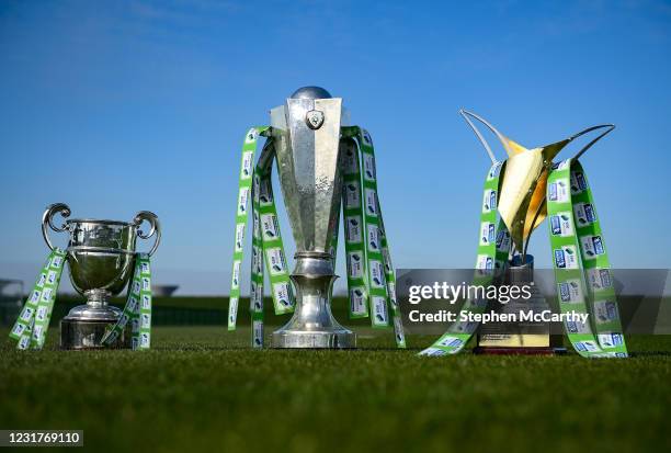 Dublin , Ireland - 7 March 2021; Trophies, from left, SSE Airtricity League First Division cup, SSE Airtricity League Premier Division trophy and SSE...