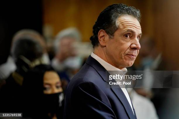 New York Governor Andrew Cuomo speaks before getting vaccinated at the mass vaccination site at Mount Neboh Baptist Church in Harlem on March 17,...