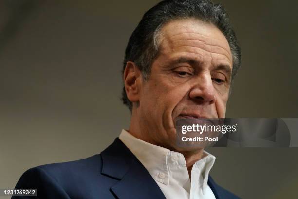 New York Governor Andrew Cuomo speaks before getting vaccinated at the mass vaccination site at Mount Neboh Baptist Church in Harlem on March 17,...