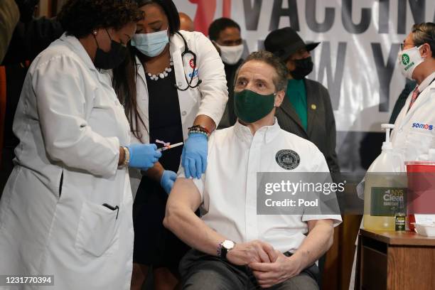 New York Governor Andrew Cuomo is vaccinated at the mass vaccination site at Mount Neboh Baptist Church in Harlem on March 17, 2021 in New York City.
