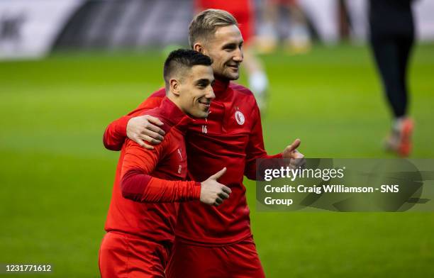 Ondrej Lingr and Jan Kuchta are pictured during Slavia Prague training ahead of their Europa League tie against Rangers on March 17 in Glasgow,...