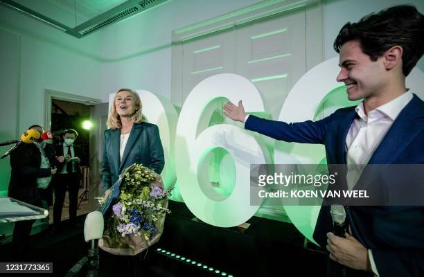 Party's leader Sigrid Kaag reacts in the association house of the National Bureau to the results of the House of Representatives' elections in the...