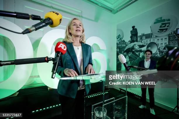 Party's leader Sigrid Kaag reacts in the association house of the National Bureau to the results of the House of Representatives elections in the...