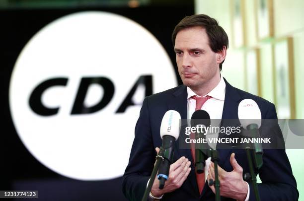 Party leader Wopke Hoekstra speaks to the press in his party office to react to the results of the parliamentary elections in the Hague, on March 17,...