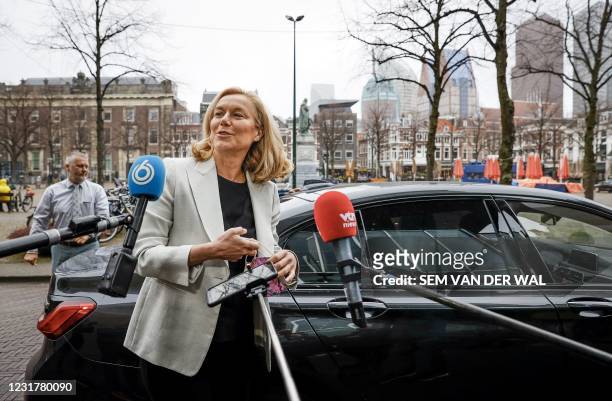 Democrats 66 party leader Sigrid Kaag arrives prior to a meeting of D66 in the Thorbeckezaal in The Hague, on March 18 the day after the...