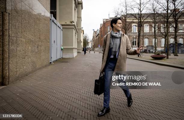Dutch Democrats 66 politician Rob Jetten arrives prior to a meeting of D66 in the Thorbeckezaal in The Hague, on March 18 the day after the...