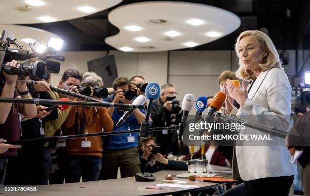 Democrats 66 party leader Sigrid Kaag speaks the press at a meeting of D66 in the Thorbeckezaal in The Hague, on March 18 the day after the Dutch...