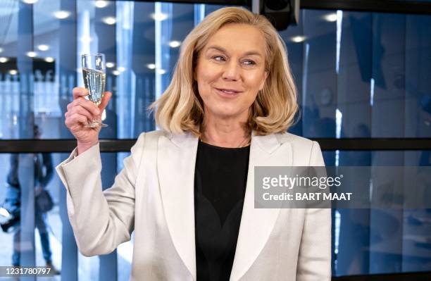 Democrats 66 party leader Sigrid Kaag reacts to the press at a meeting of D66 in the Thorbeckezaal in The Hague, on March 18 the day after the Dutch...