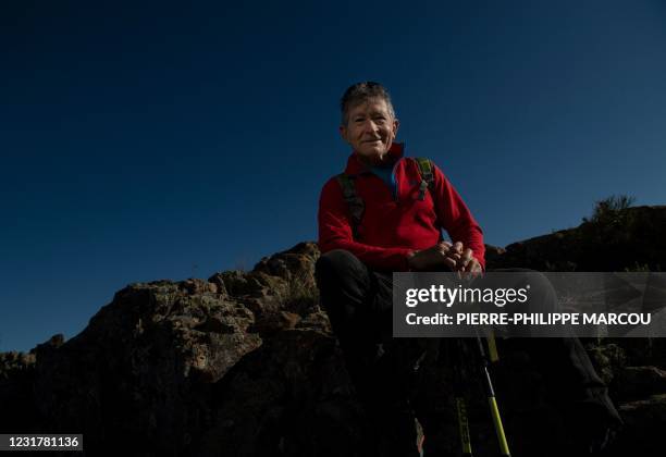 Spanish alpinist Carlos Soria poses after training in the outskirts of Moralzarzal, near Madrid, on March 16, 2021. - Carlos Soria prepares to climb...