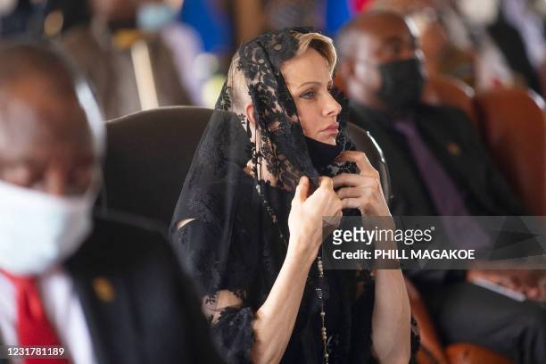 Charlene, Princess of Monaco reacts during the memorial service of King Goodwill Zwelithini at the KwaKhethomthandayo royal palace in Nongoma, South...