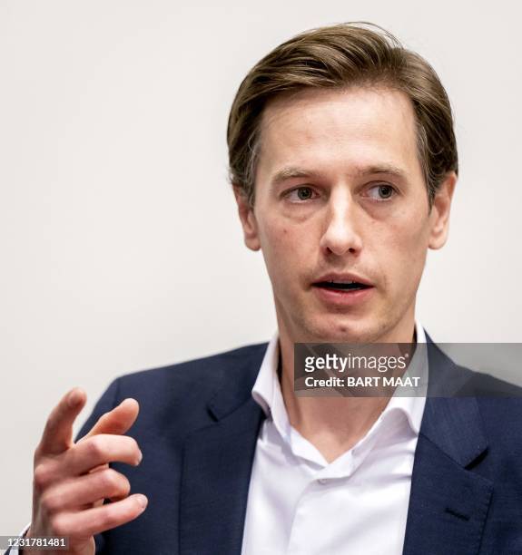Volt leader Laurens Dassen at the Binnenhof in The Hague, on March 18 the day after the Dutch parliamentary elections. - Dutch Prime Minister Mark...