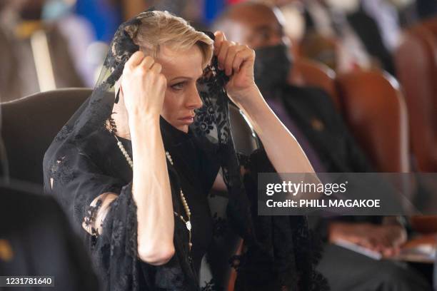 Charlene, Princess of Monaco reacts during the memorial service of King Goodwill Zwelithini at the KwaKhethomthandayo royal palace in Nongoma, South...