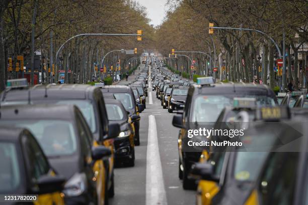 Taxi drivers from the Elite Taxi collective protest on March 18 in Barcelona, Spain, against the return of the multinational Uber that wants to work...