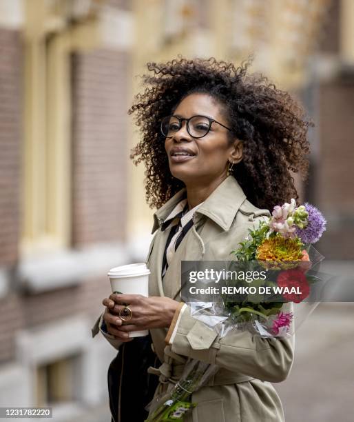 Dutch BIJ1 Party leader Sylvana Simons arrives at the Binnenhof in The Hague, on March 18 the day after the Dutch parliamentary elections. - Dutch...