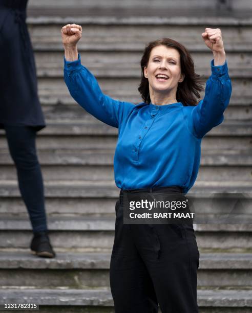 Party for the Animals leader Esther Ouwehand reacts in The Hague, on March 18 the day after the Dutch parliamentary elections. - Dutch Prime Minister...