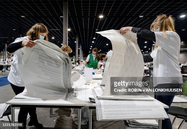 Volunteers count the votes for the parliamentary elections at candidate level in De Jaarbeurs in Utrecht on Mach 18 2021. - Dutch Prime Minister Mark...