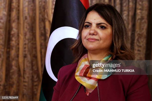 Foreign Minister in Libya's transitional Government of National Unity Najla al-Mangoush poses for a picture in the capital Tripoli, on March 17,...