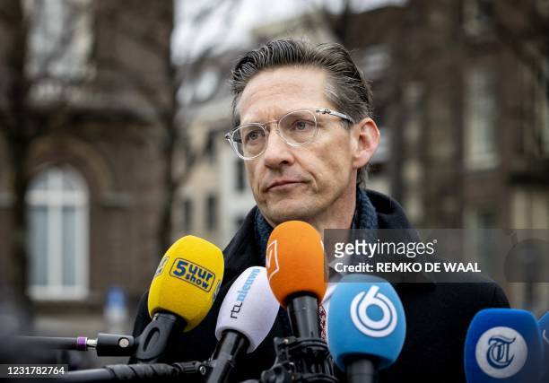 Party leader Joost Eerdmans of JA21 answers journalists' questions as she arrives at the Binnenhof, the venue of Netherlands' parliament, in The...