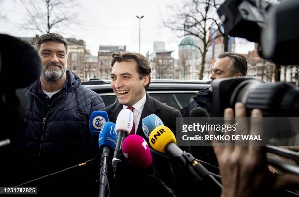 Party leader Thierry Baudet of Forum for Democracy answers journalists' questions as he arrives at the Binnenhof, the venue of Netherlands'...