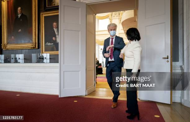 Geert Wilders, leader of the PVV, greets President of the House of Representatives Khadija Arib ahead of their meeting at the Binnenhof, the venue of...