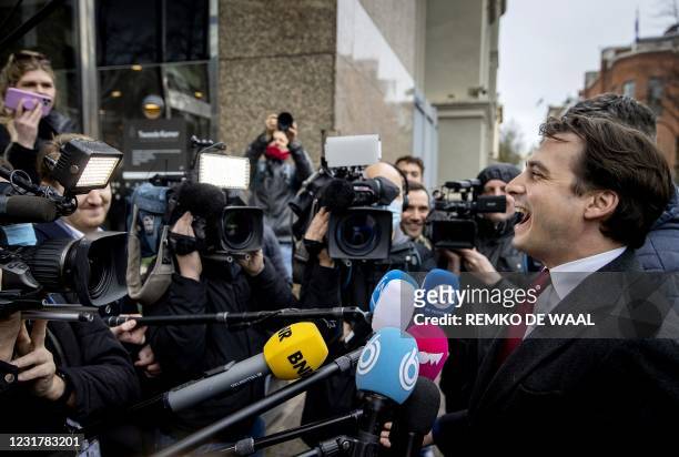 Party leader Thierry Baudet of Forum for Democracy answers journalists' questions as he arrives at the Binnenhof, the venue of Netherlands'...