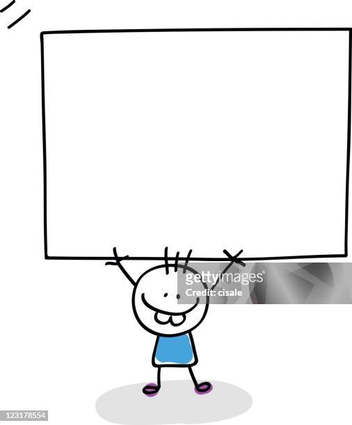 smiling little boy kid holding blank banner cartoon illustration - small placard stock illustrations