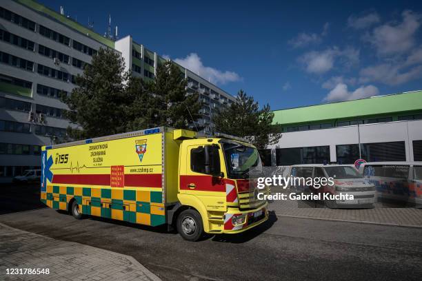 Large capacity ambulance arrive to overwhelmed hospital in Ceska Lipa during transport of COVID-19 patient to the hospital in Semily on March 18,...