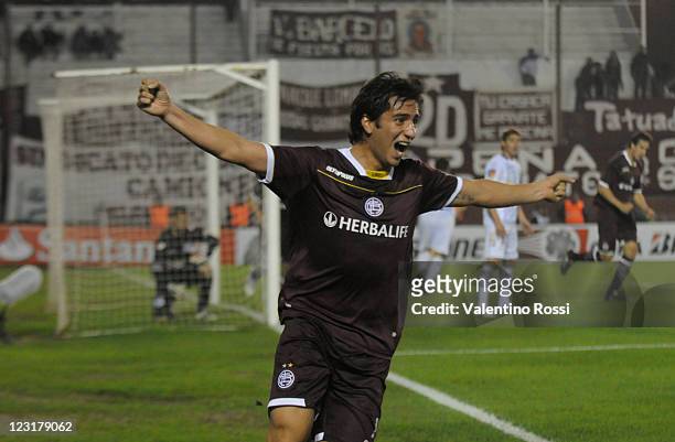 Diego Gonzalez of Lanus celebrates scored goal against Godoy Cruz as part of the 2011 Copa Bridgestone Sudamericana at Nestor Diaz Perez Stadium on...